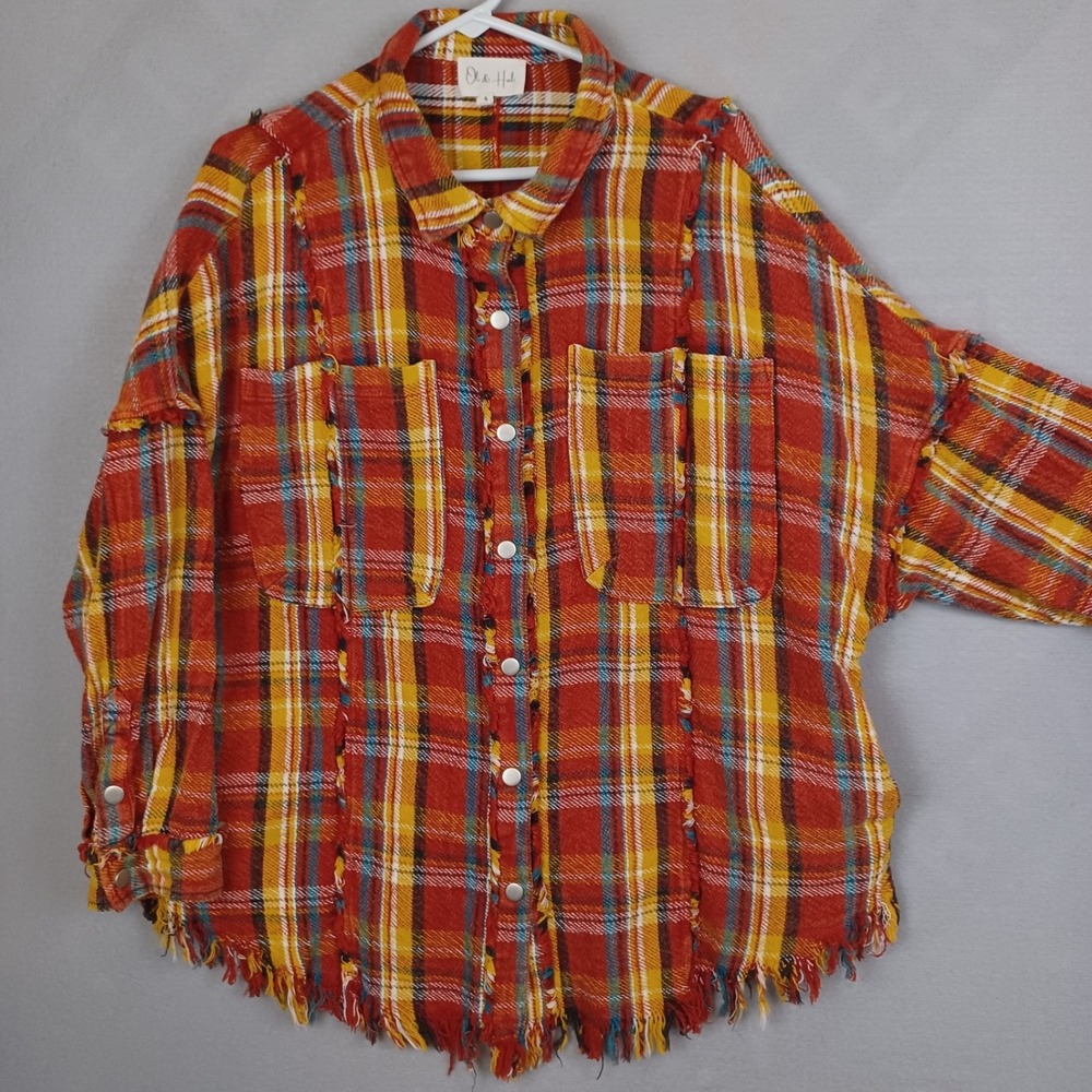 Oli & Hali Plaid Women's Small Plaid Shacket Red Mustard Raw Hem Frayed Boho
